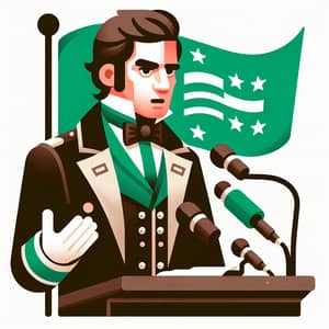 Historical Figure Giving Speech with Green and White Flag Background