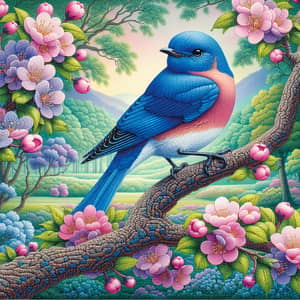 Detailed Illustration of Colorful Bluebird on Blossoming Tree