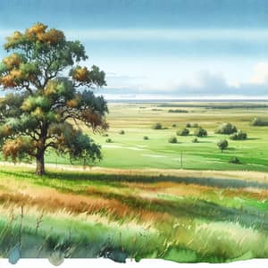 Panorama Watercolor Painting of Plain and Tree
