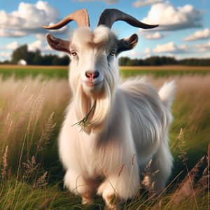 Cream-Colored Domestic Goat in Rocky Terrain Field