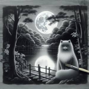 Ghostly Fluffy Grey Cat by Serene Moonlit River | Japanese Art Inspiration