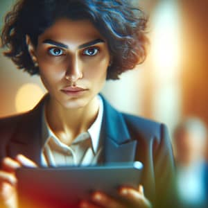 Intense Scene: Middle-Eastern Woman in Business Attire with Digital Tablet