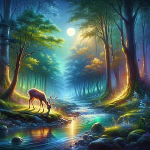 Mystical Forest Scene: Vibrant Deer Drinking from Sparkling River
