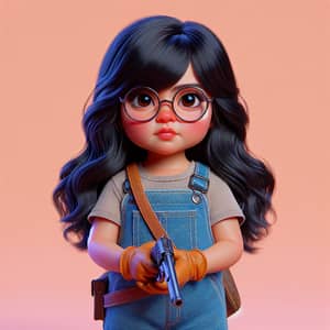 Hispanic Girl in Denim Overall with Toy Gun - Pixar Style Animation