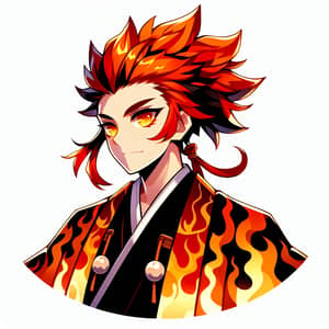 Fiery Anime Character in Traditional Kimono with Flame-Patterned Haori