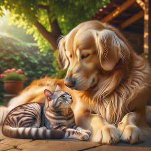 Grey Tabby Cat and Golden Retriever - Heartwarming Friendship