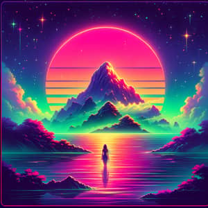 Retro Synthwave-Style Island Album Cover with Enigmatic Woman