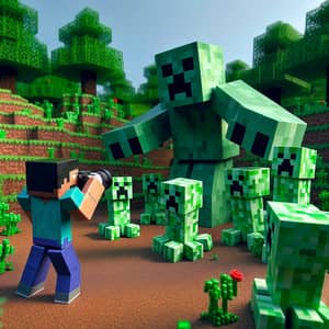 Minecraft Creepers Gathering Scene with Golem and Steve