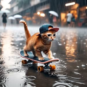 Orange Cat Skateboarding in Rain | Urban Adventure Scene