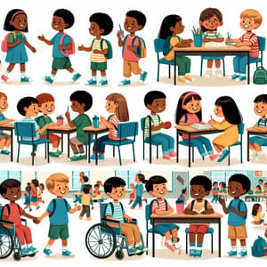 Diverse Group of Children from 2nd to 5th Grades in Educational and Daily Life Scenes