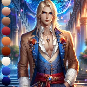 Vibrant Fantasy Illustration: Handsome Guy in Rich Attire at Magical Academy