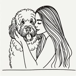 Minimalist Vector Illustration of Young Woman Embracing Adult White Curly Dog