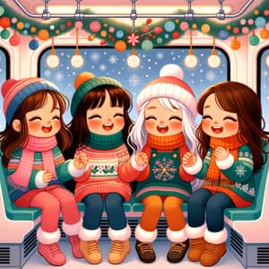 Festive Illustration of Diverse Girls in New Year's Train Compartment