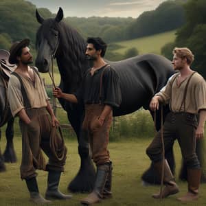 Black Stallion in Countryside: Captivating Scene with Diverse Men