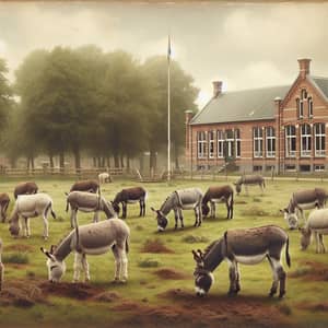 Donkeys Near Old School Building | Country Scene