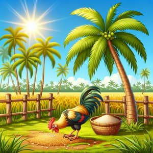 Chicken Eating Rice Under Coconut Tree - Tranquil Countryside Scene