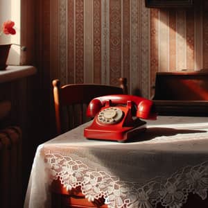 Vintage Red Telephone on Wooden Table | Nostalgic Domestic Setting