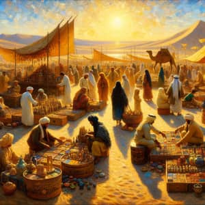 Lively Desert Market Scene Oil Painting | Diverse Individuals Buying & Selling Goods