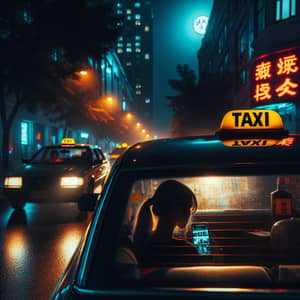 Mysterious Night Time Cityscape with Taxi and Enigmatic Female Silhouette