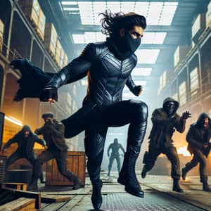 Action-Packed Middle-Eastern Male Superhero Battles Villains in Chaotic Warehouse