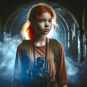 Adolescent Ghost Hunter Girl with Vibrant Red Hair in Abandoned Dwelling