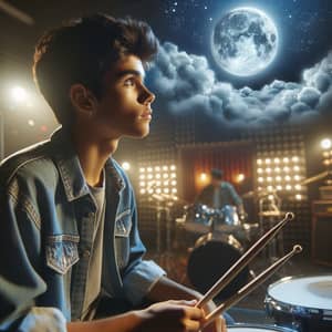 Hispanic Teenage Boy in Music Studio Gazing at Moon | Youthful Creativity