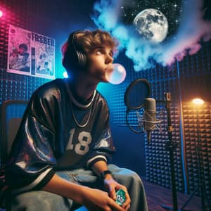 Caucasian Teenager in Rap Music Studio Gazing at Moon