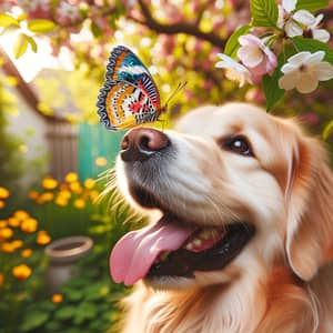 Happy Dog with Butterfly: Joyful Moment in Garden