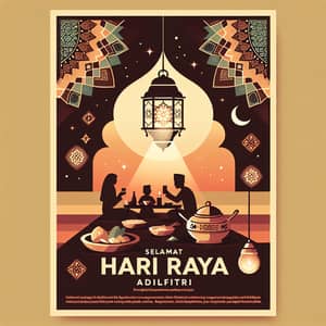 Warm Hari Raya Greeting Poster with Glowing Lantern & Family Silhouette