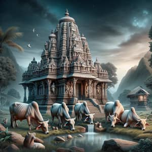 Ancient Temple of Shiva with Cows - Tranquil Landscape