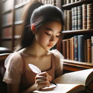 Intelligent Asian Girl Studying Algebra in Library