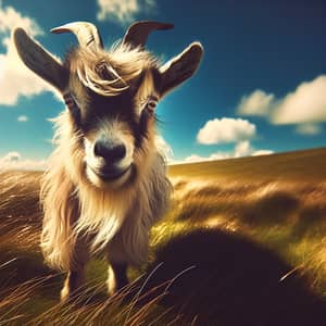Curious Goat on Grassy Plain | Nature Photography