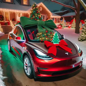 Festive Tesla Model Y with Red Exterior and Christmas Decorations