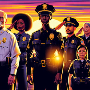 Diverse Group of Police Officers Saluting at Sunset