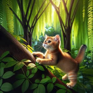Playful Orange Cat Climbing Tree | Nature's Agility Showcase