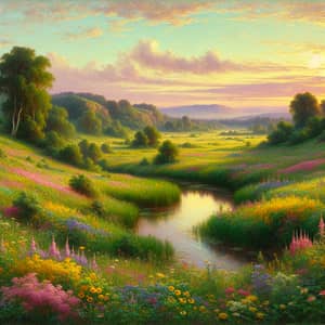 Lush Green Landscape with Wildflowers | Impressionist Art