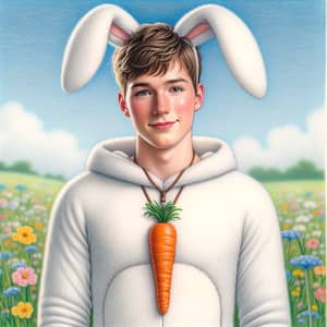 Caucasian Male Teenager in White Bunny Costume Illustration