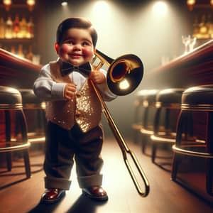 Chubby Hispanic Child Jazz Trombone Player | Nightclub Scene