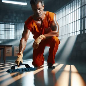 Middle-Aged Man Washing Floor in Jail Cell