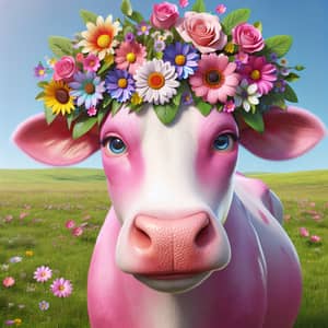 Pink Cow with Colorful Flower Crown in Lush Meadow