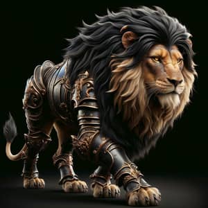 Majestic Lion with Black Mane and Gold Eyes in Armor
