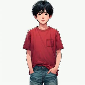 East Asian Boy in Blue Denim Shorts and Red T-shirt