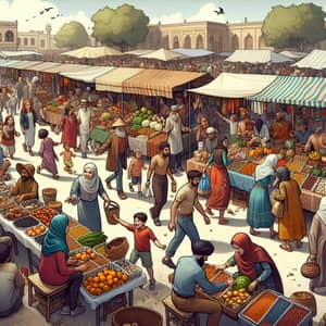 Diverse Marketplace Scene with Vendors and Customers