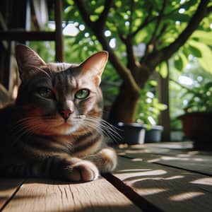 Lazy Short-Haired Cat Relaxing on Wooden Porch