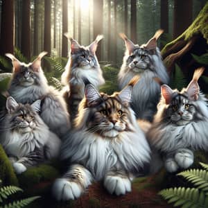 Luxurious Maine Coon Cats in Diverse Poses | Fluffy Fur, Large Ears, and Ruffs