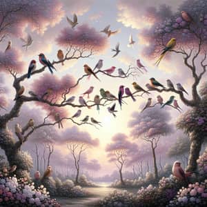 Idyllic Nature Scene with Multi-Colored Birds Perched | Romantic Setting
