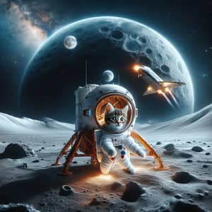 Beautiful Lunar Landscape with Spaceship Landing and Kitten in Spacesuit