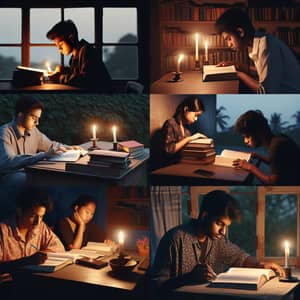 Diverse Students Studying in Dimly Lit Environments