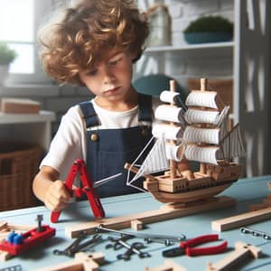 Curly-Haired Boy Assembling Ship