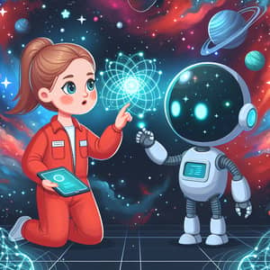 Cartoon Girl in Red Jumpsuit Interacting with AI Robot in Cosmic Space